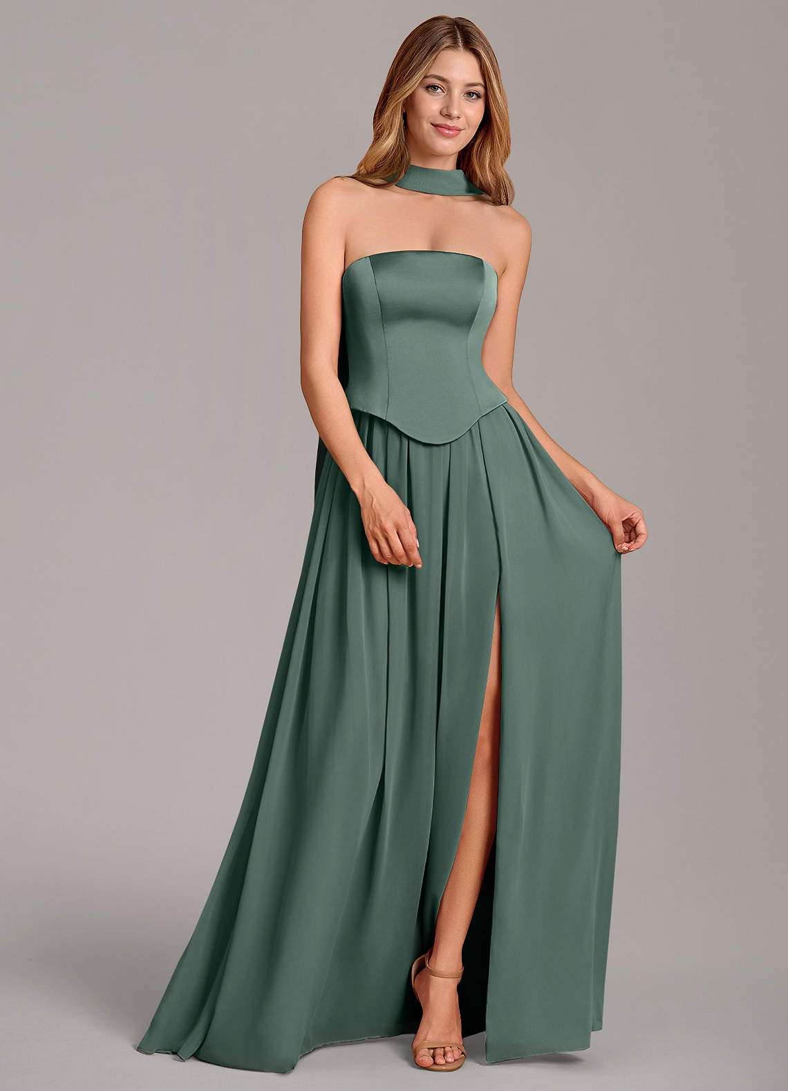 Cadence A-Line Strapless Chiffon and Stretch Satin Bridesmaid Dress in Sea Moss