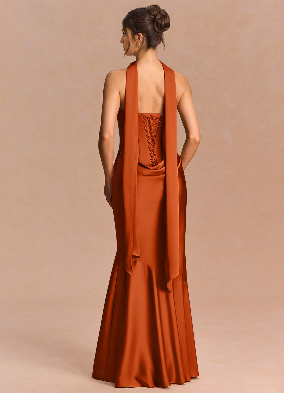 Euphemia Mermaid Strapless Stretch Satin Evening Dress in Rust