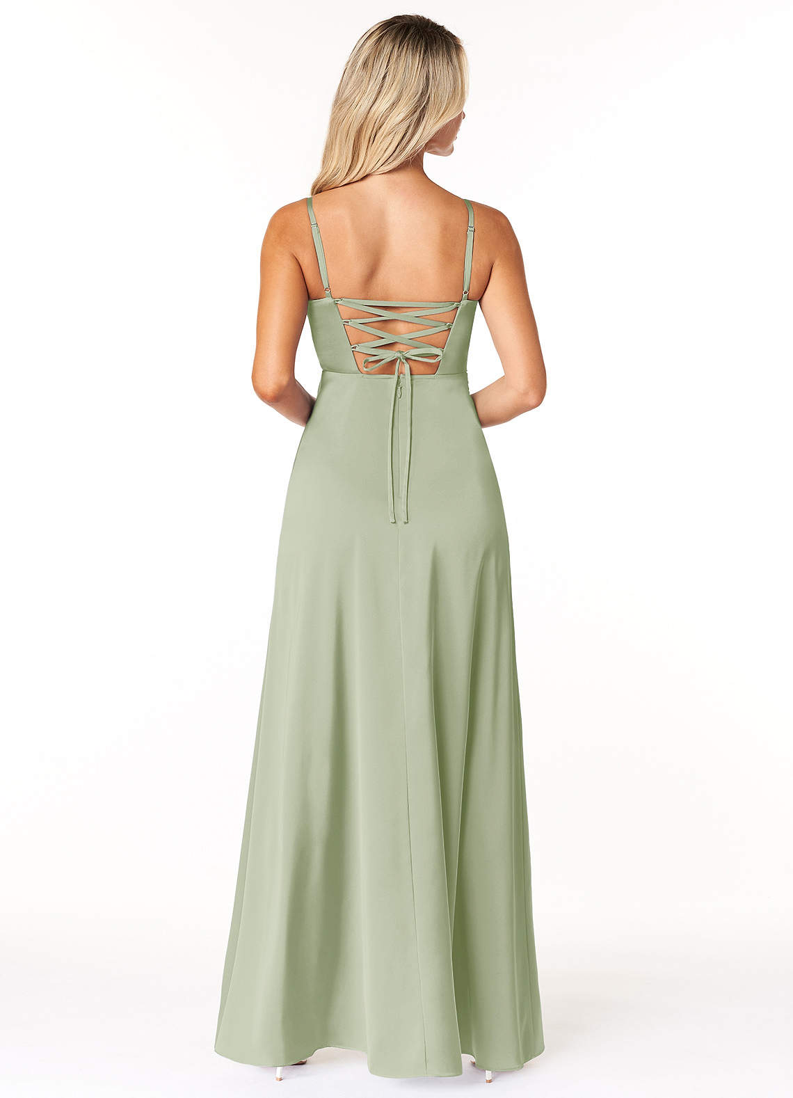 Marchella A-Line V-Neck Stretch Satin Bridesmaid Dress in Dusty Sage