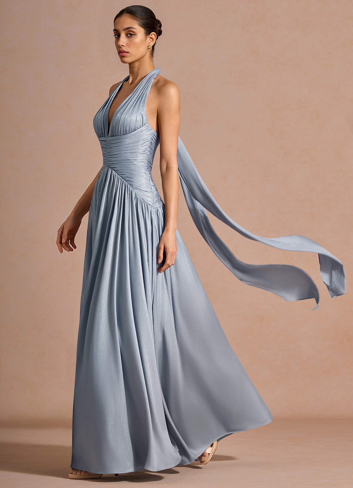 Hecate A-Line Halter Satin-Faced Chiffon Evening Dress in Blue Fog