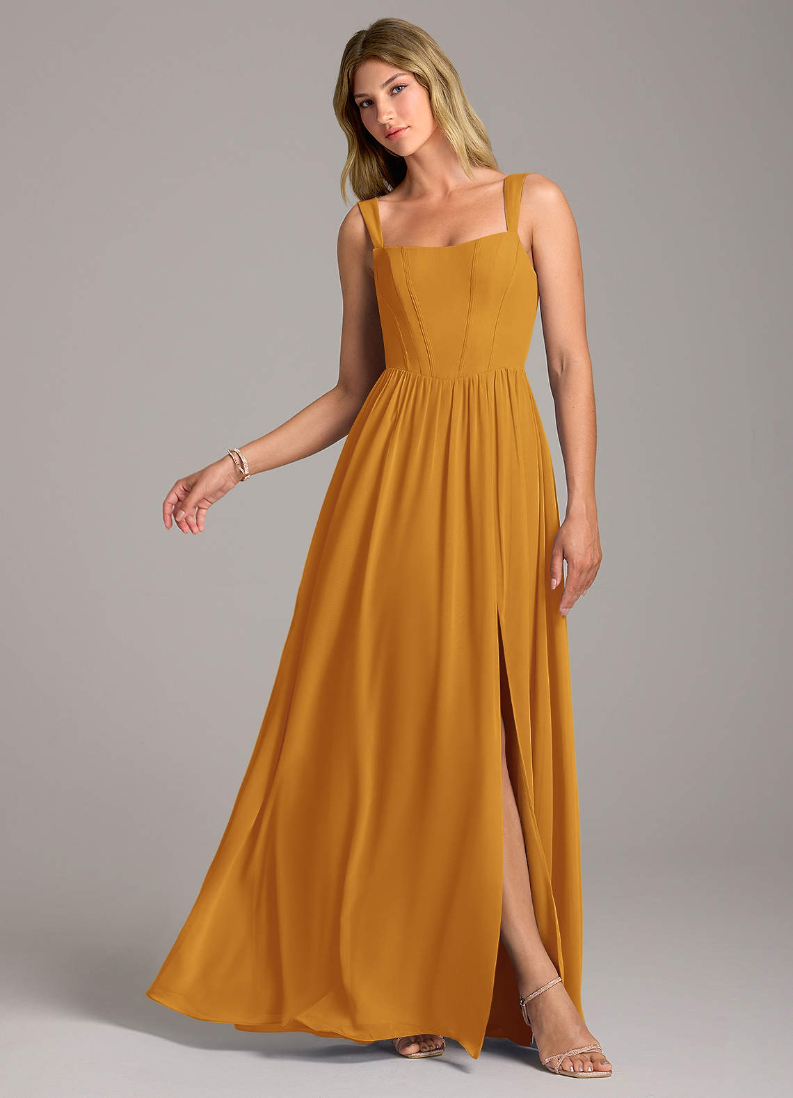 Rosaline A-Line Square-Neck Chiffon Bridesmaid Dress in butterscotch