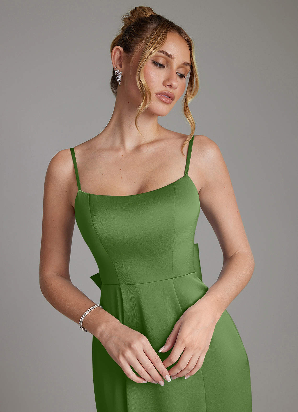 Zherra Mermaid Scoop-Neck Stretch Satin Bridesmaid Dress in Basil