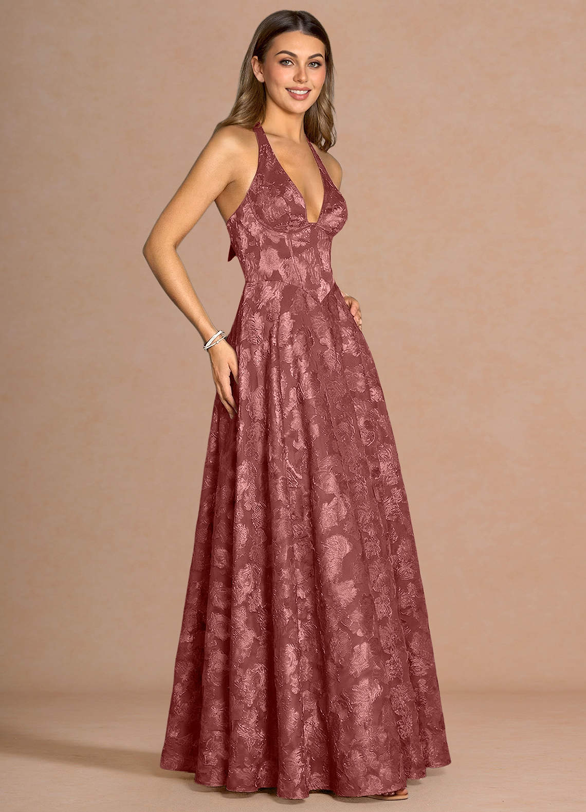 Isabeau A-Line V-Neck Fil Coupé Evening Dress in Vintage Rose