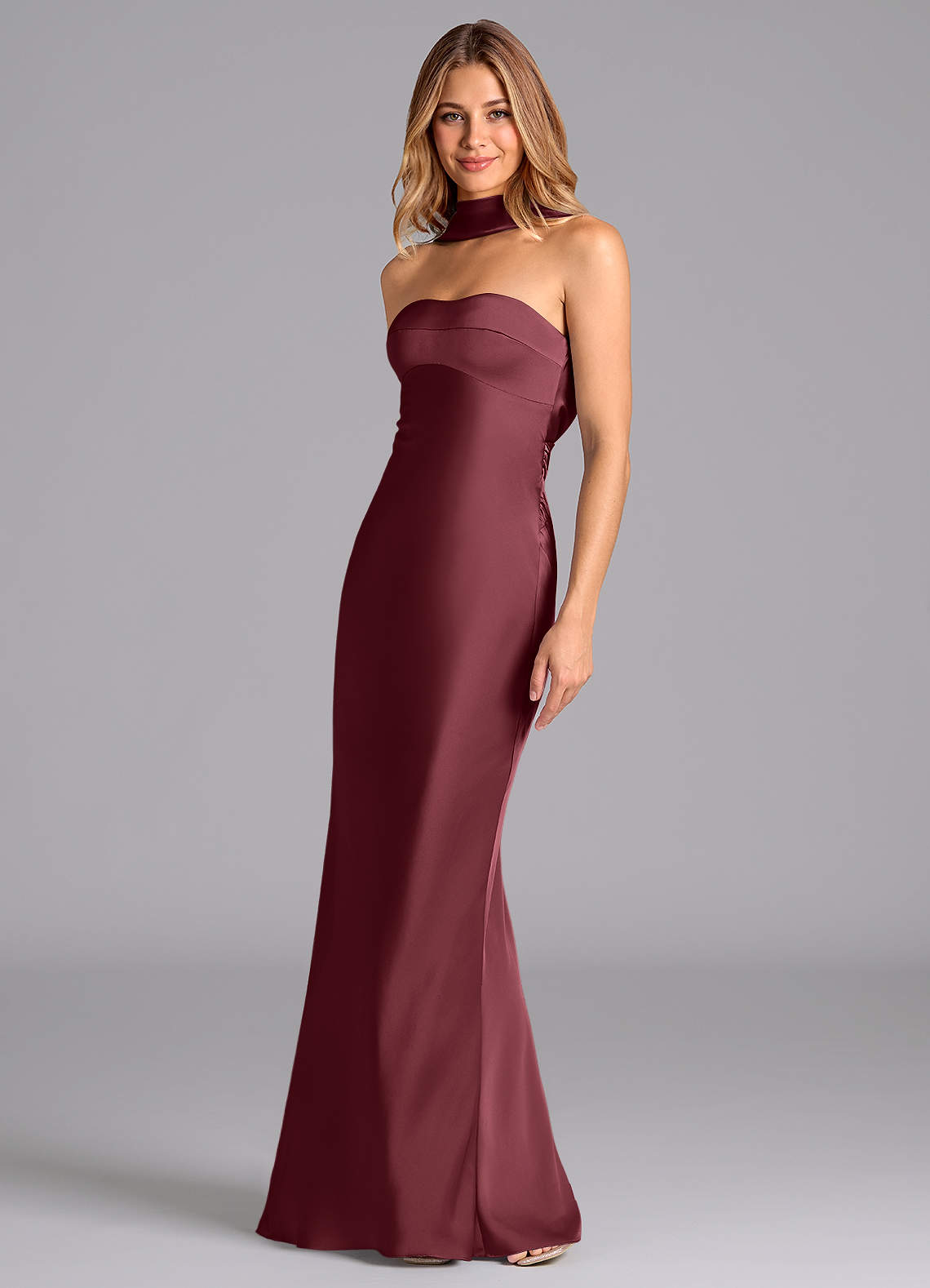 Lusinda Mermaid Strapless Stretch Satin Bridesmaid Dress in Merlot