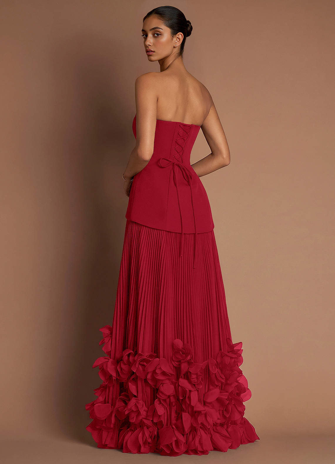 Marnie A-Line Corset Crepe Chiffon Evening Dress in Cherry Red