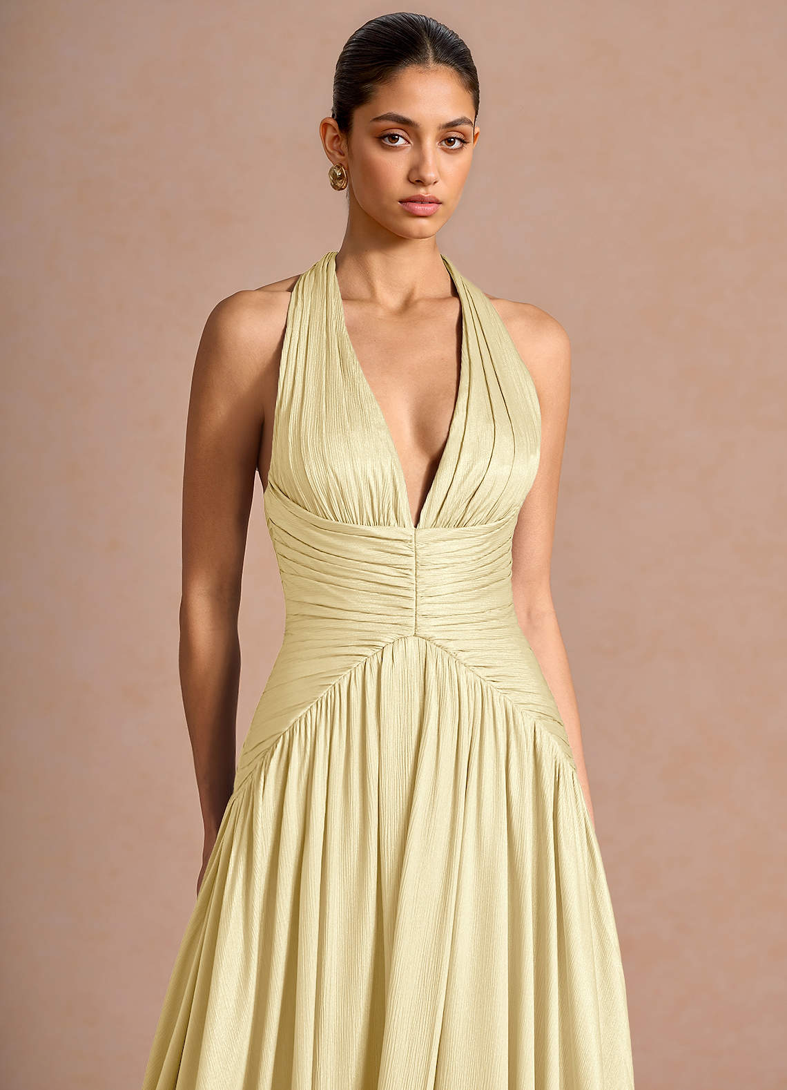 Hecate A-Line Halter Satin-Faced Chiffon Evening Dress in Lemon Sorbet