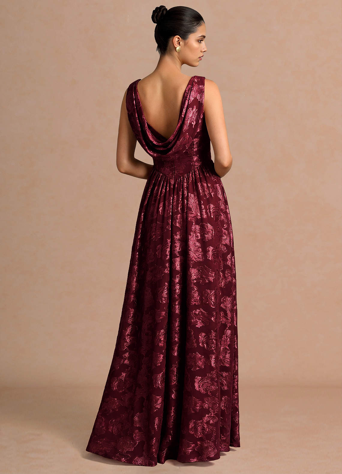 Novi A-Line Draped-Neck Floral Fil Coupé Evening Dress in Wine