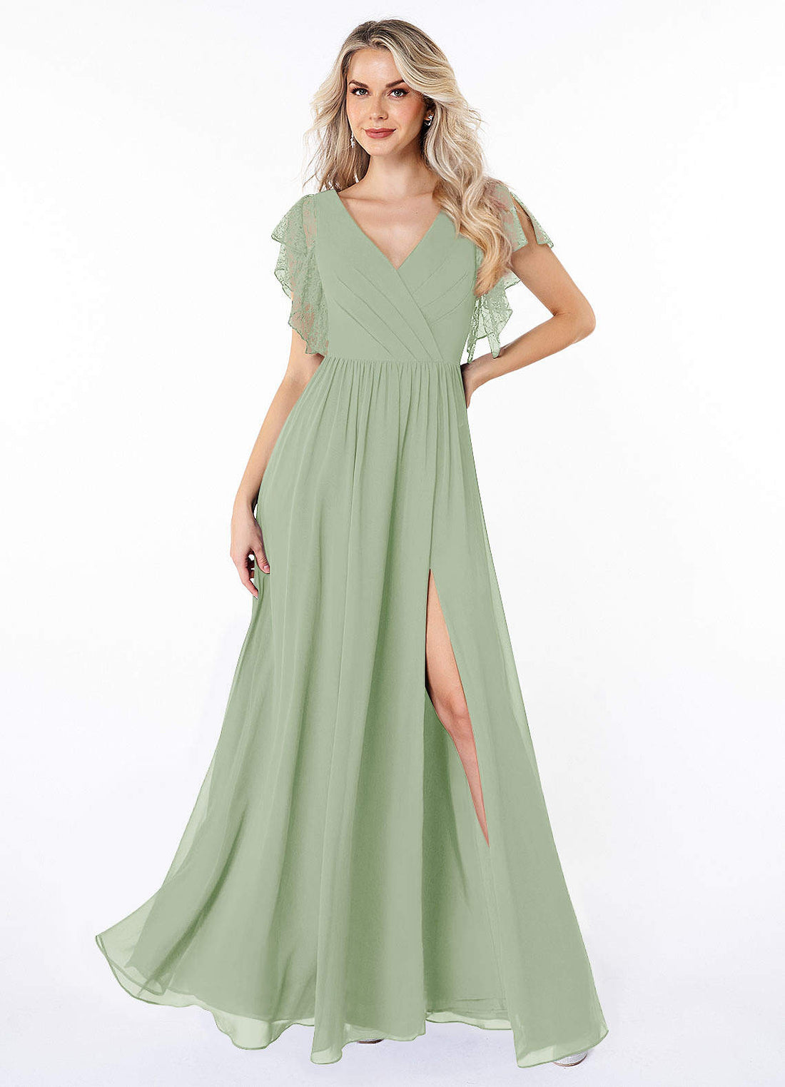 Zella A-Line V-Neck Chiffon and Lace Bridesmaid Dress in Dusty Sage