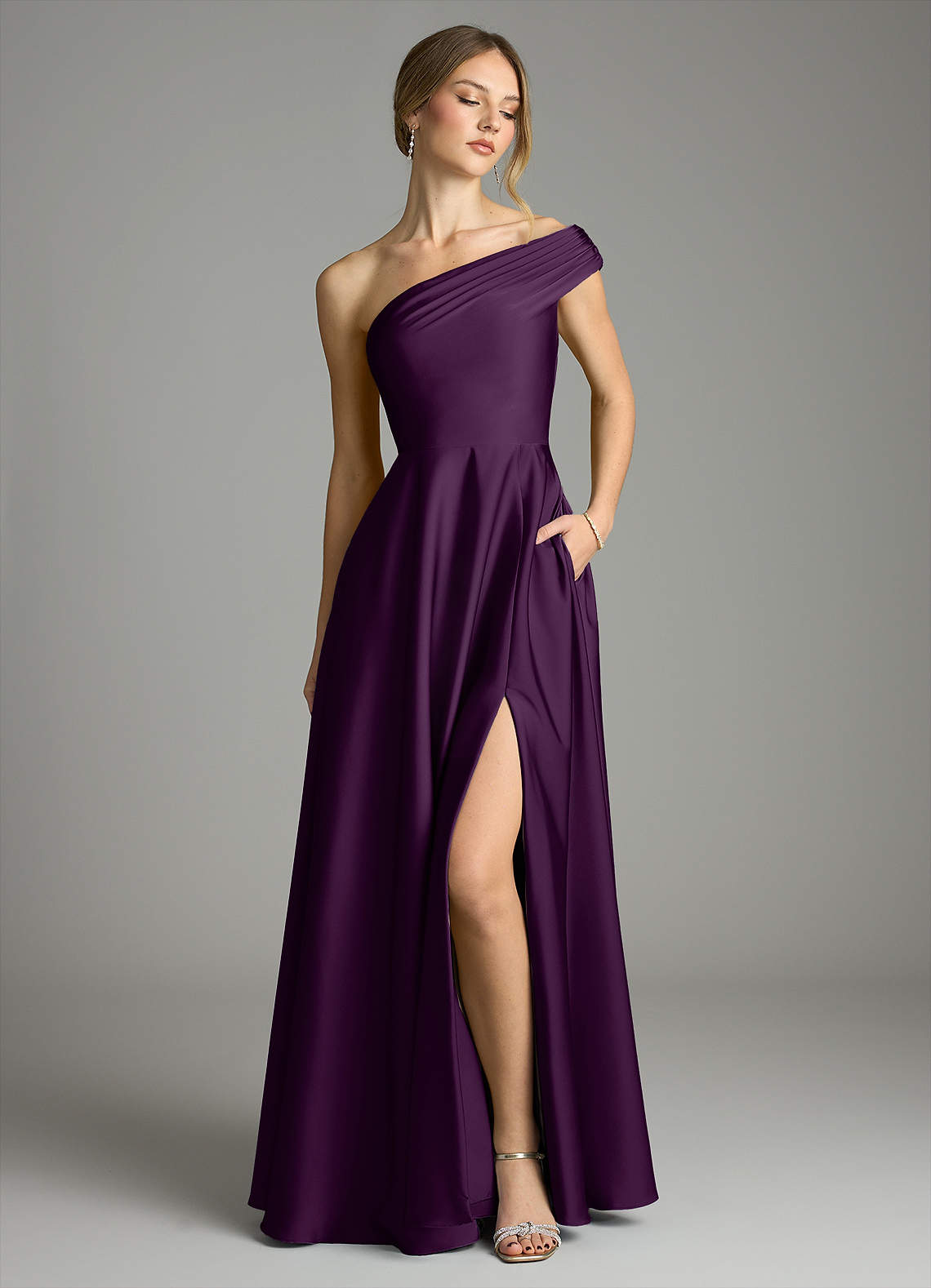 Melanie A-Line One-Shoulder Stretch Satin Bridesmaid Dress in Grape