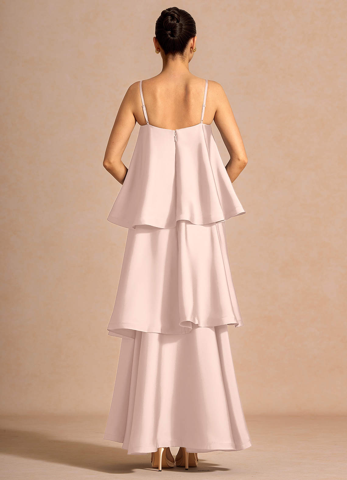 Itasca A-Line Tiered Stretch Satin Wedding Guest Dress in Powder Pink