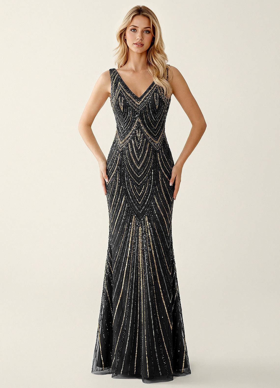 Hazelen Plunging V-Neck Chevron Sequin Tulle Evening Dress in Black