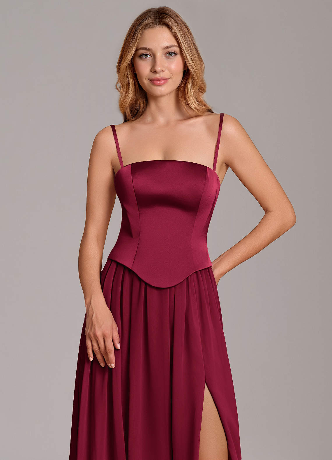 Cadence A-Line Strapless Chiffon and Stretch Satin Bridesmaid Dress in Burgundy