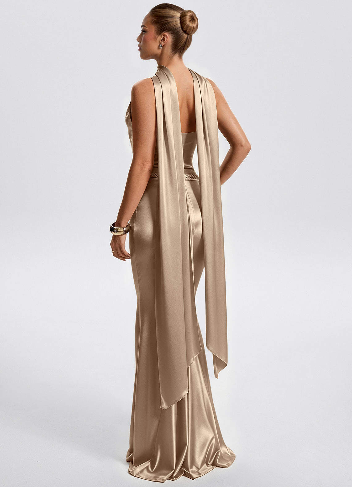 Fernley Mermaid Corset Stretch Satin Evening Dress in Champagne