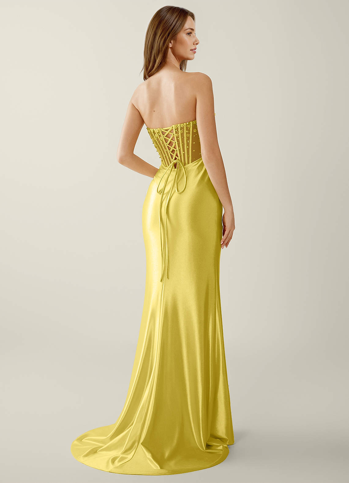 Willa Mermaid Strapless Sequined Satin Evening Dress in Lemon Sorbet