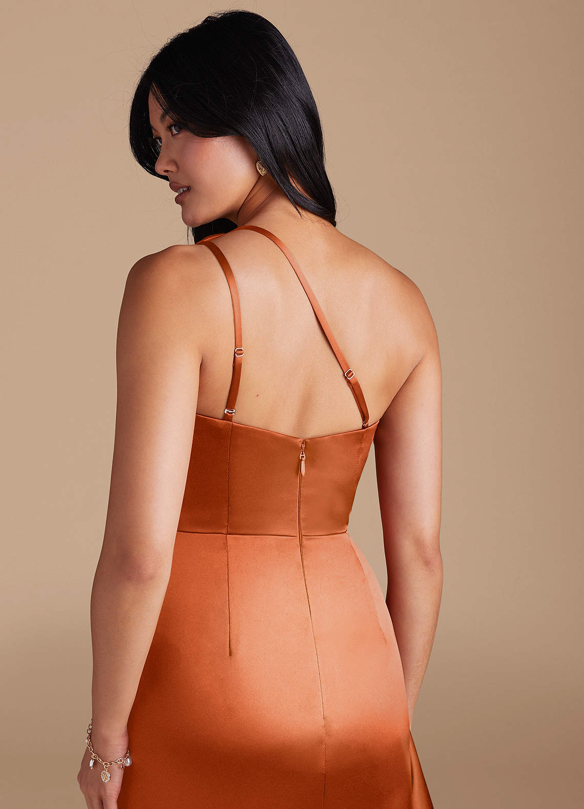 Latrice Sheath One-Shoulder Metallic Satin Bridesmaid Dress in Burnt Orange