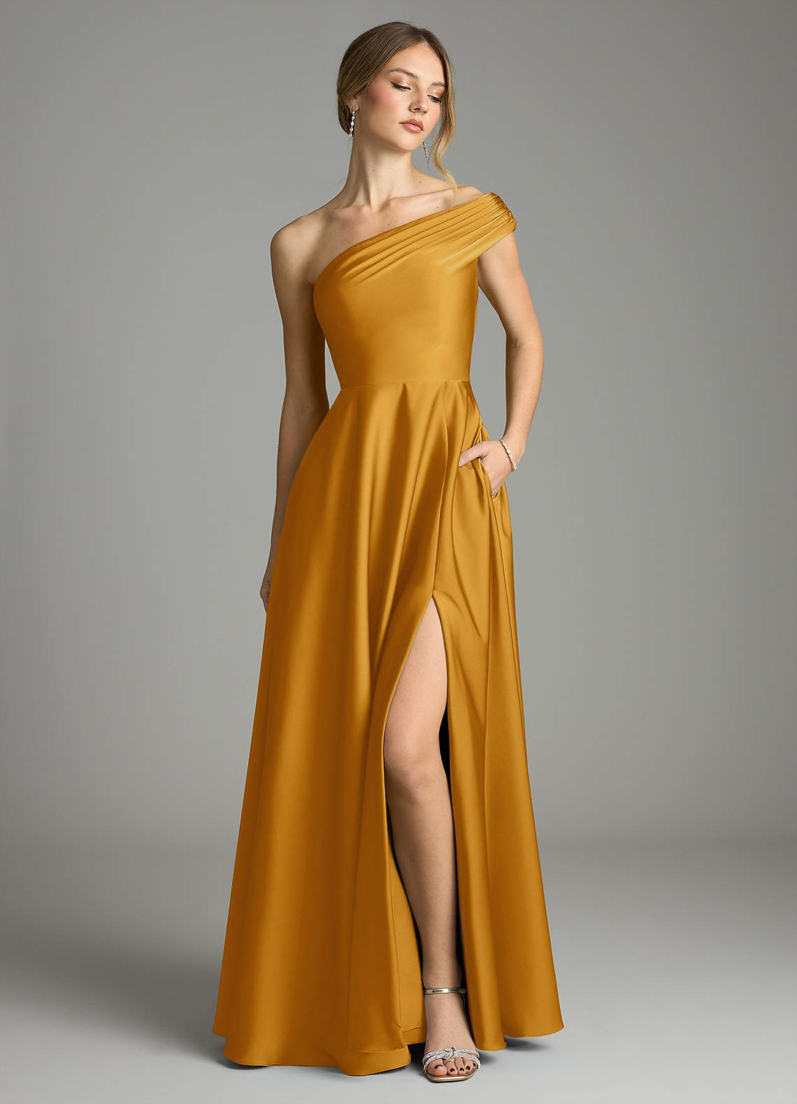 Melanie A-Line One-Shoulder Stretch Satin Bridesmaid Dress in butterscotch