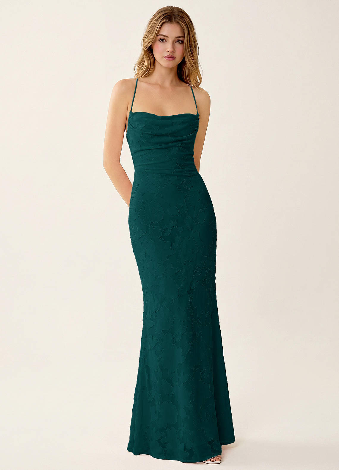 Natasha Mermaid Spaghetti-Strap Floral Burnout Evening Dress in Forest Green