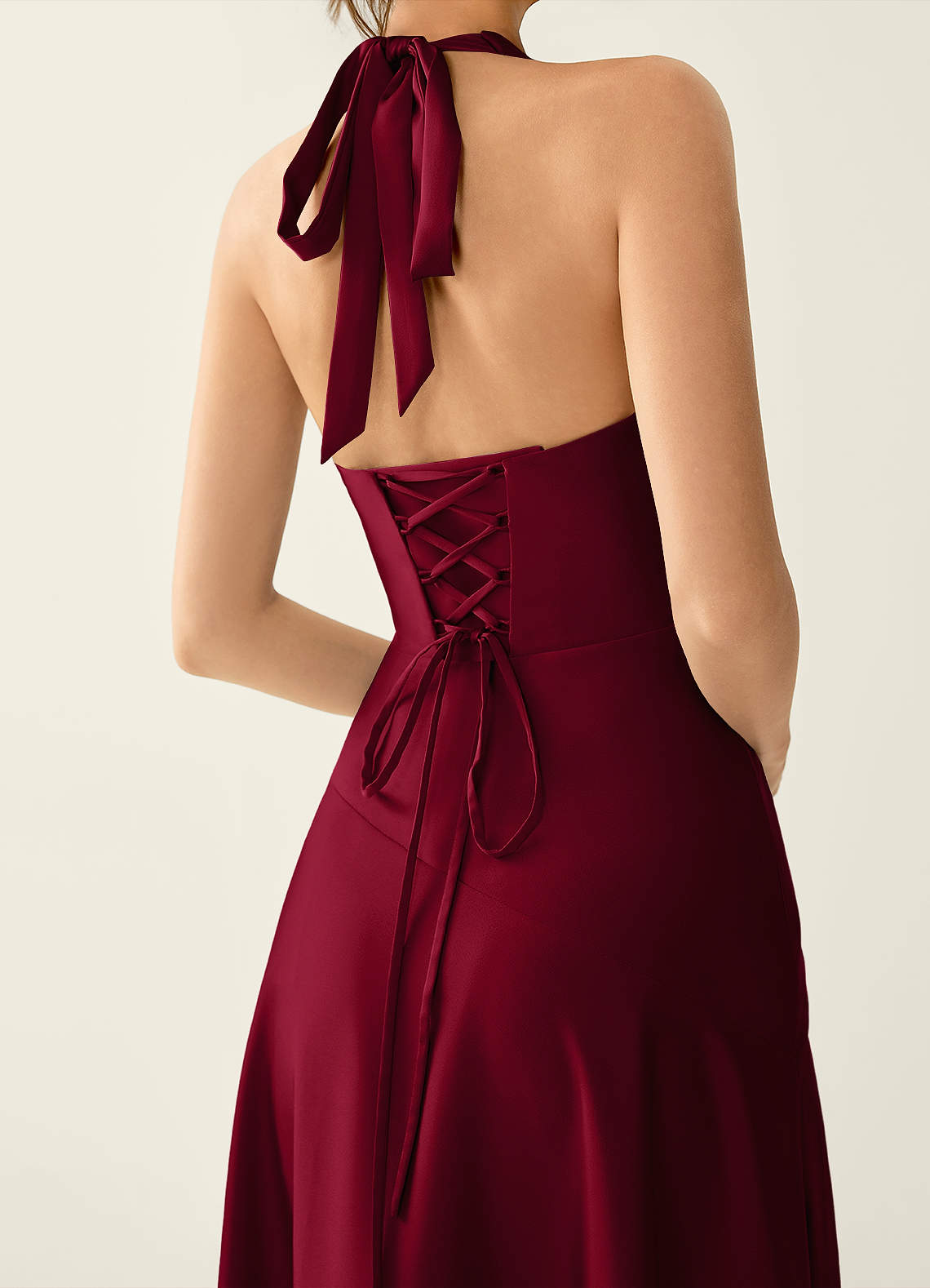 Titania Halter Asymmetric-Ruffle Satin Evening Dress in Merlot
