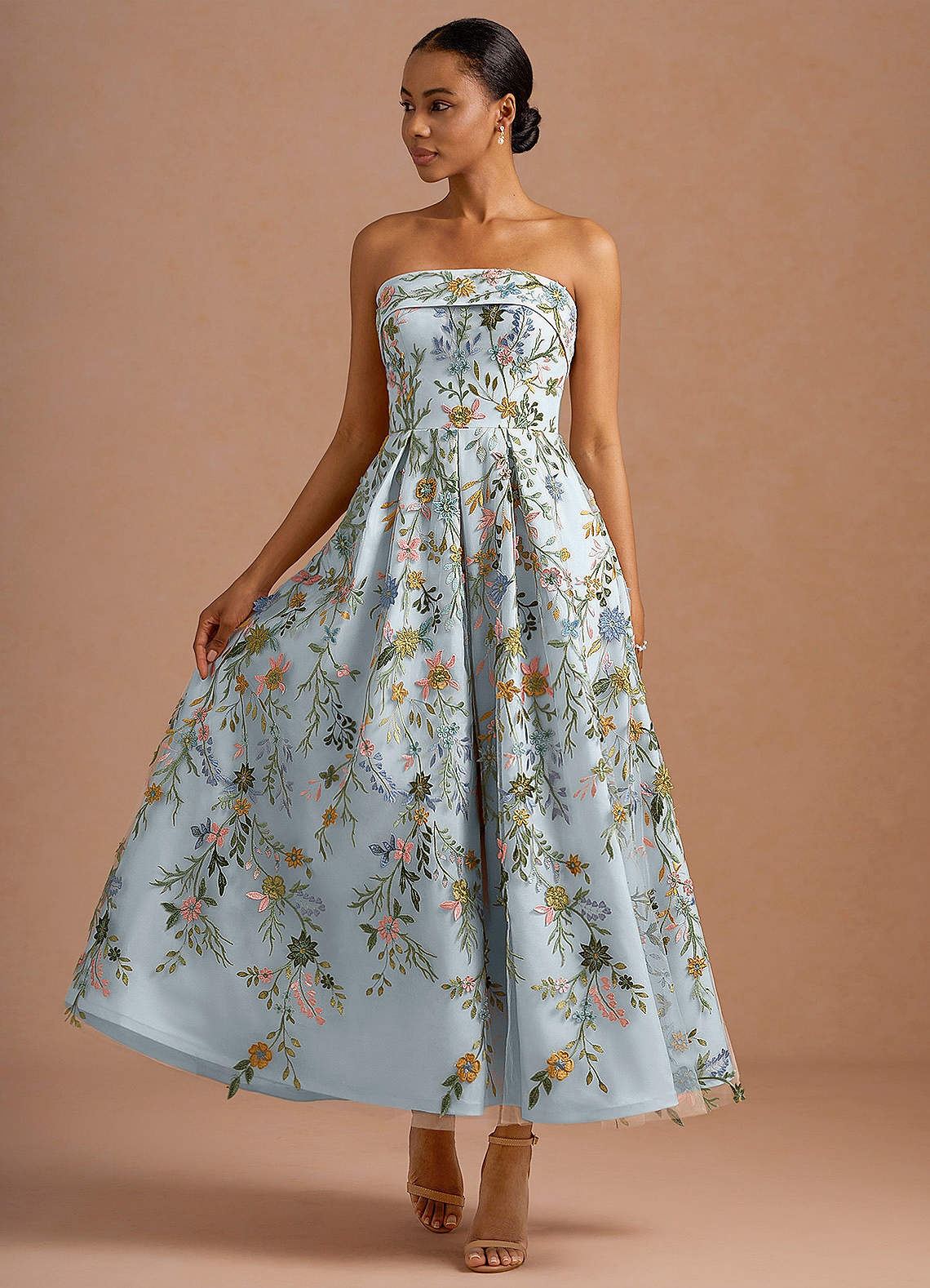 Evangeline Strapless Corset Floral Lace Evening Dress in Sky Blue