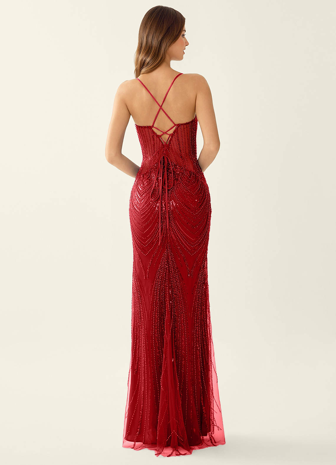 Magnolia Mermaid Beaded Sequined Stretch Mesh Evening Dress in Red