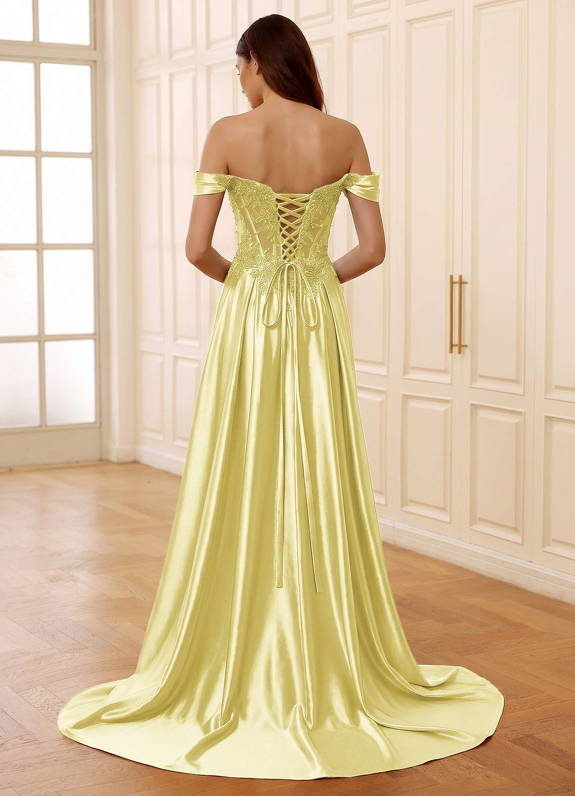 Rowane A-Line Off-the-Shoulder Satin Evening Dress in Yellow