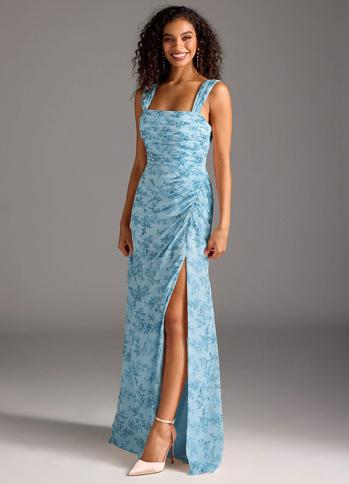 Jesaphine Sheath Square-Neck Chiffon Bridesmaid Dress in Blue Fern Floral