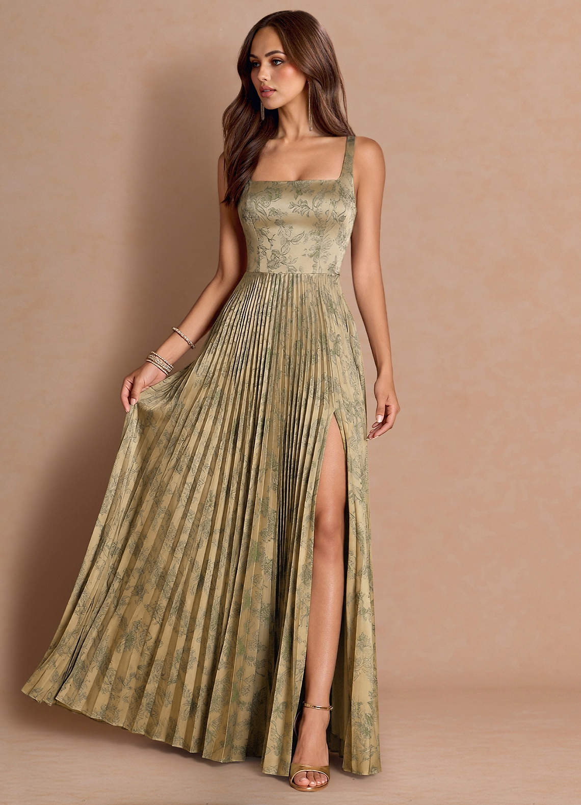 Tatiana A-Line Square-Neck Jacquard Wedding Guest Dress in Green Brown