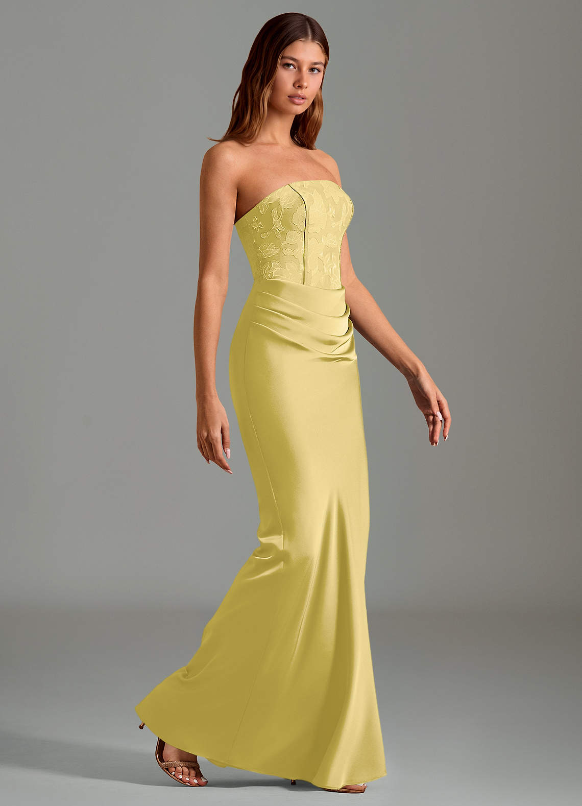 Emilia Mermaid Strapless Stretch Satin and Floral Burnout Bridesmaid Dress in Canary