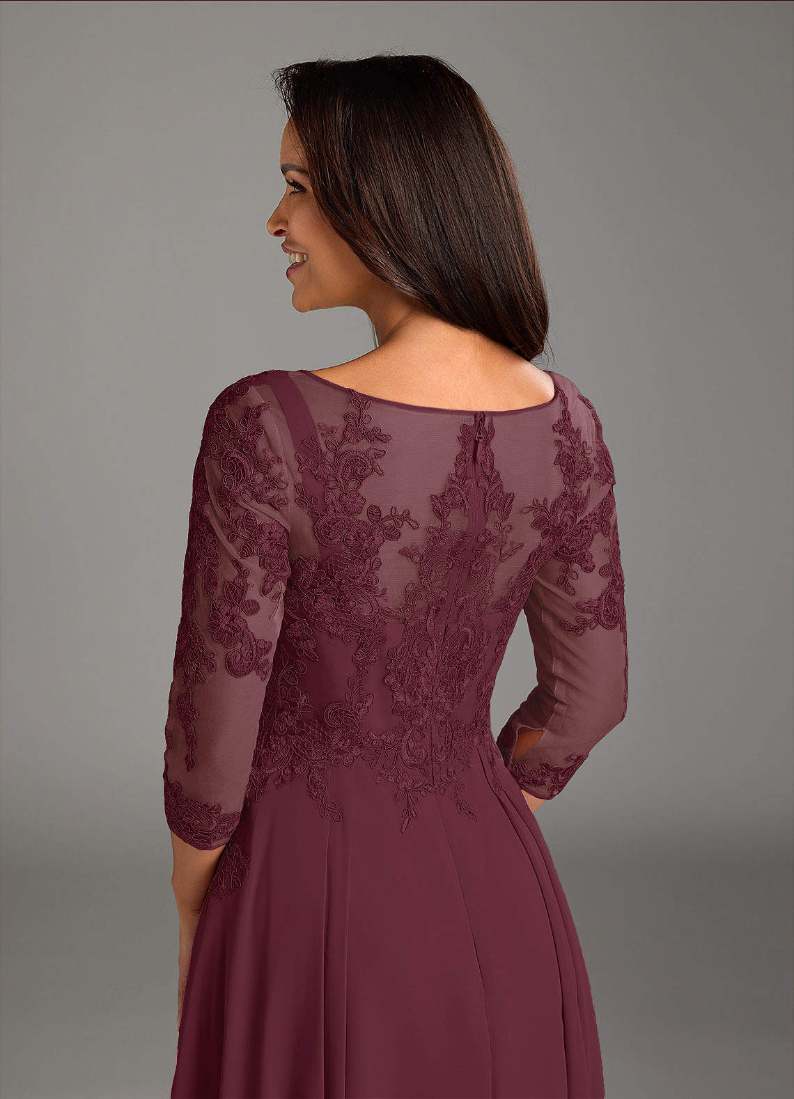 Marge A-Line Scoop-Neck Chiffon and Lace Mother of the Bride Dress in Cabernet