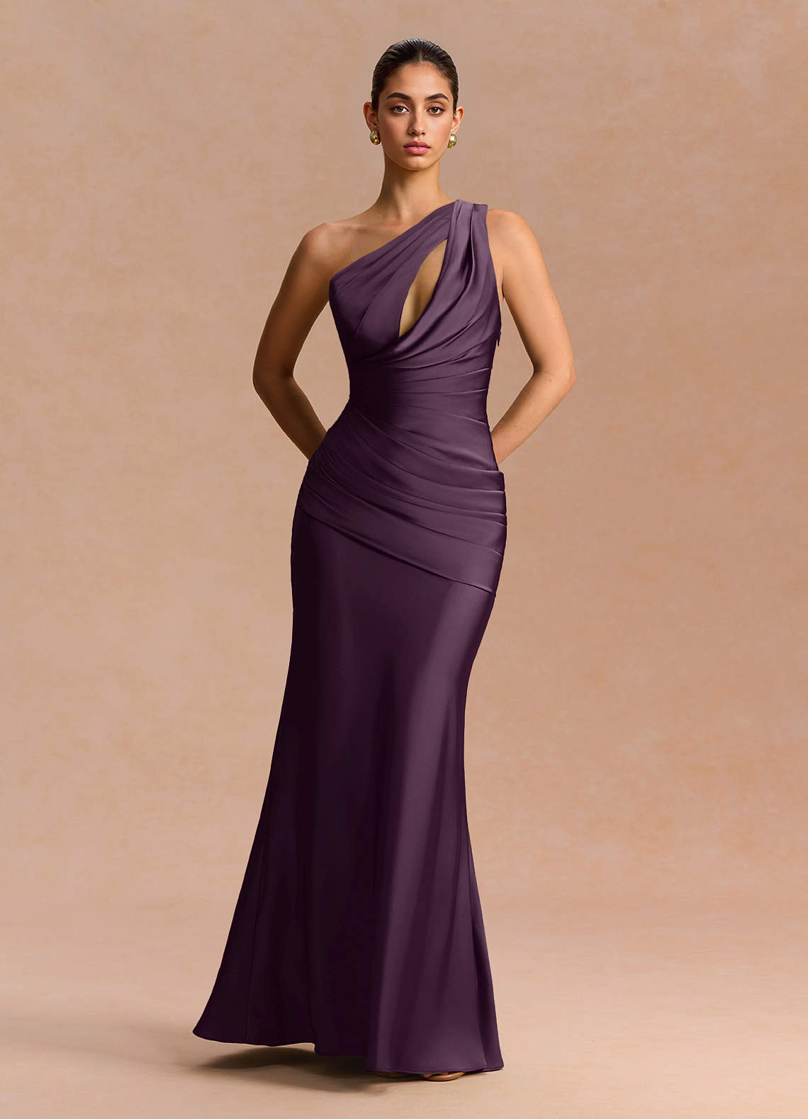 Guinevere One-Shoulder Cutout Stretch Satin Evening Dress in Dusty Blue