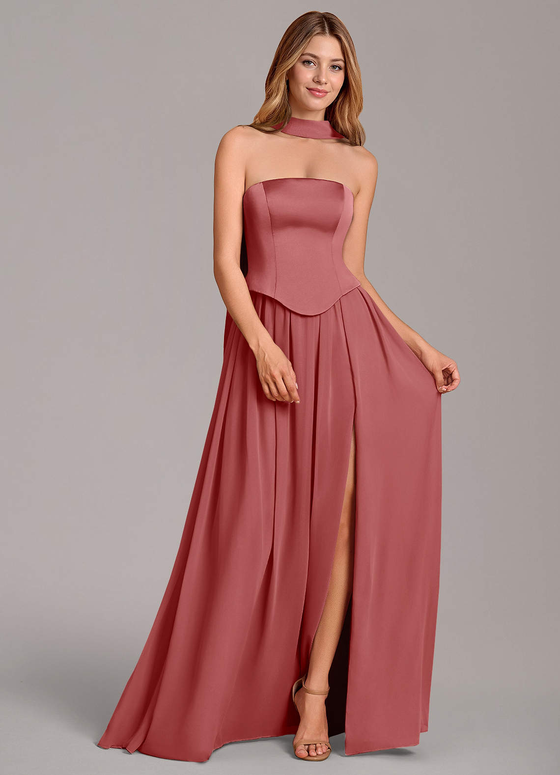 Cadence A-Line Strapless Chiffon and Stretch Satin Bridesmaid Dress in Antique Rose