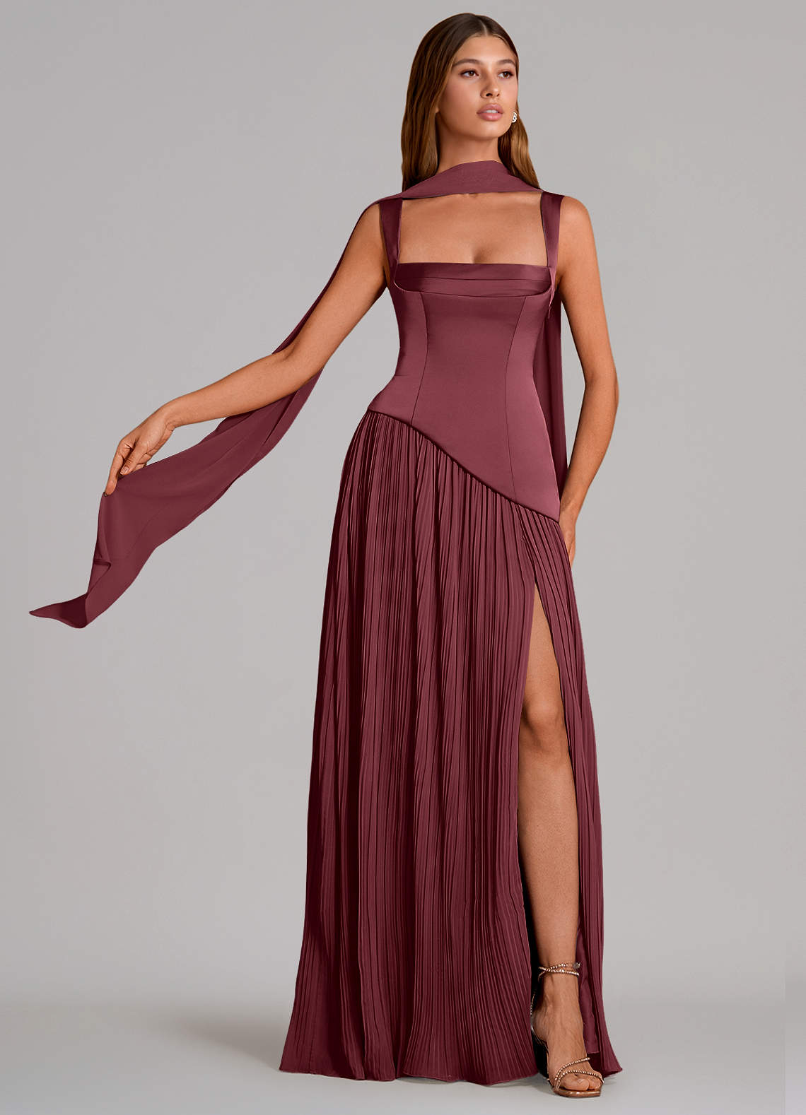 Stephanie A-Line Square-Neck Stretch Satin and Chiffon Bridesmaid Dress in Merlot
