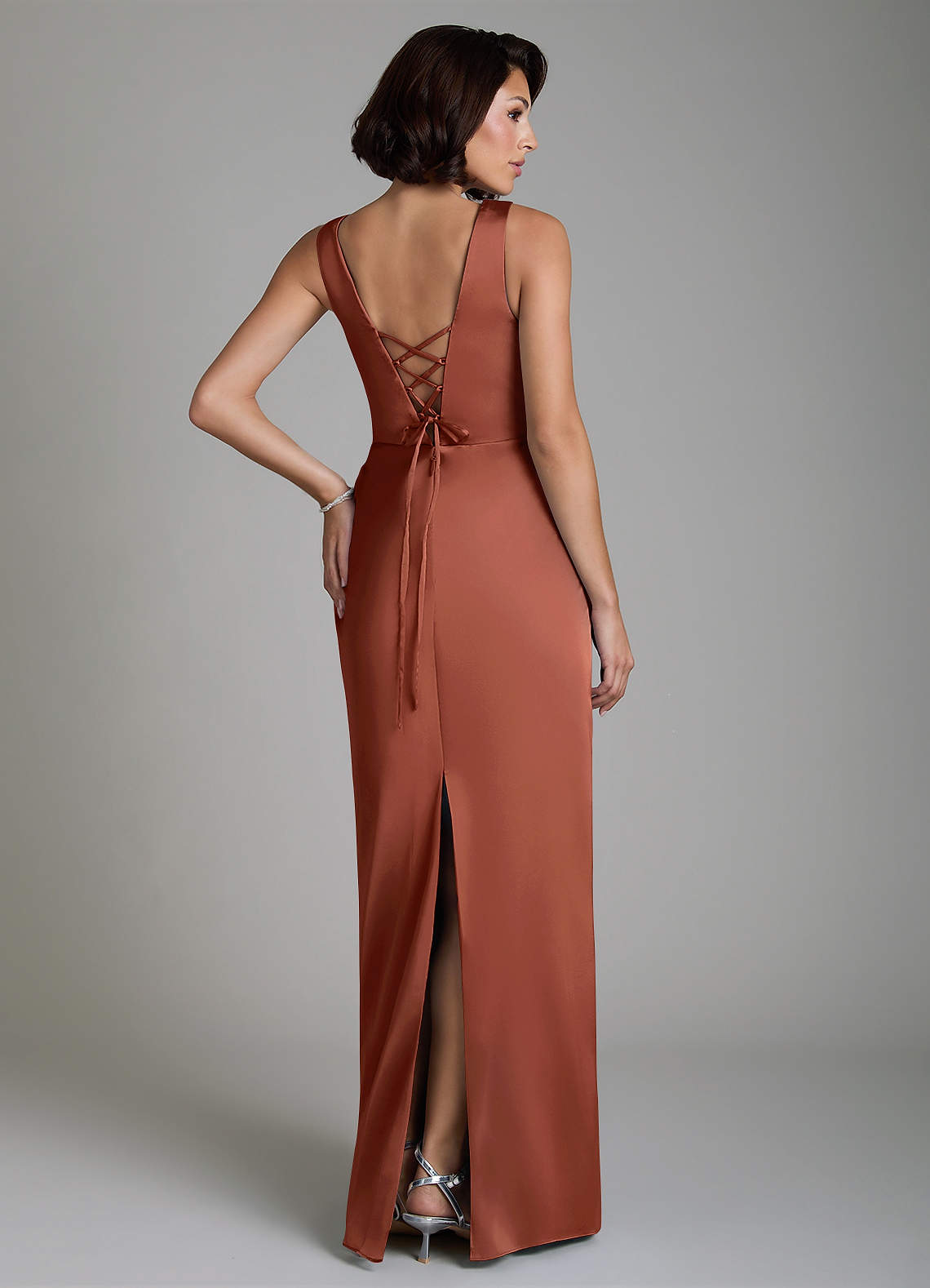 Vanya Sheath V-Neck Stretch Satin Bridesmaid Dress in Auburn