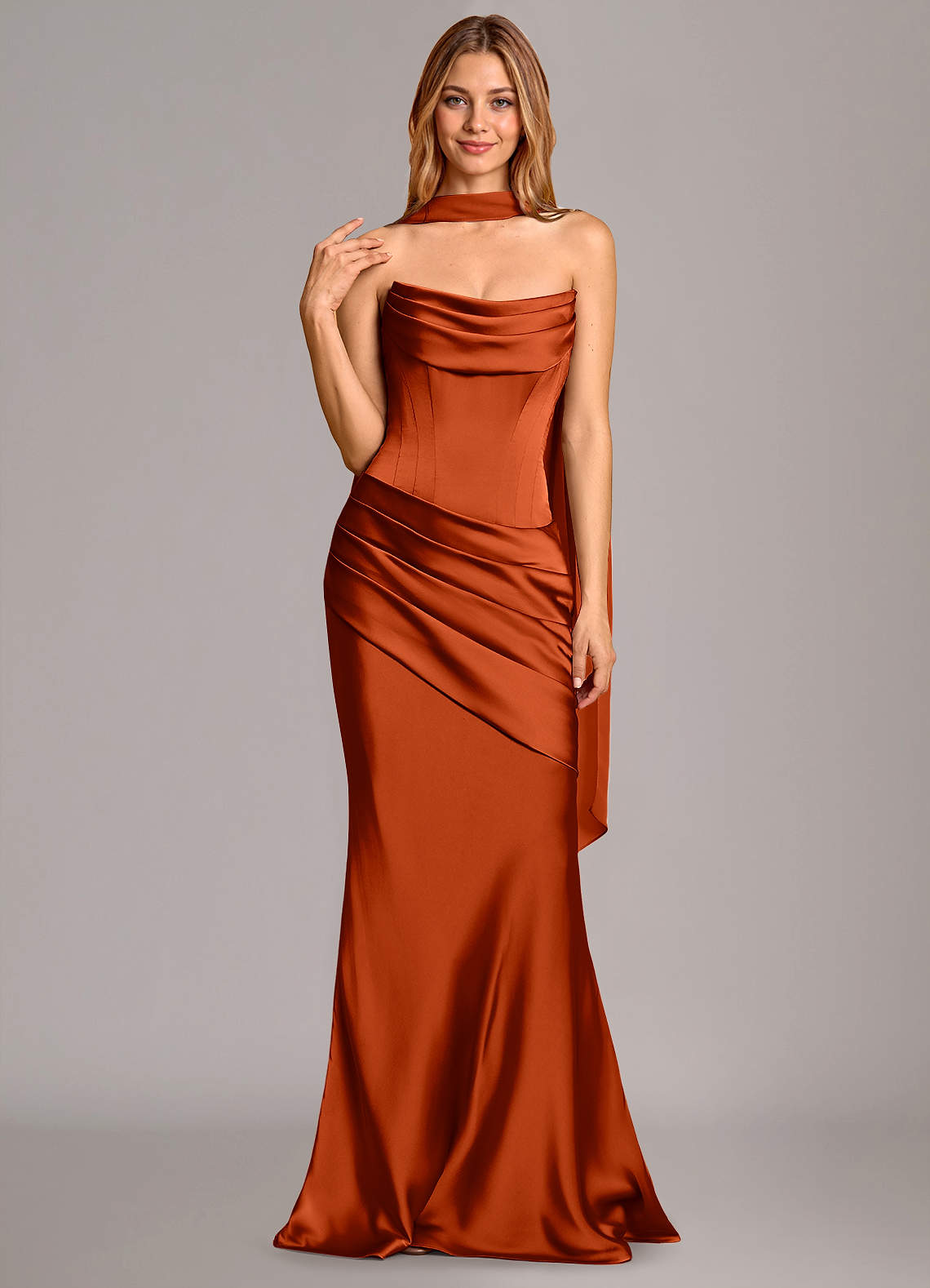 Pelagia Mermaid Cowl-Neck Stretch Satin Bridesmaid Dress in Paprika