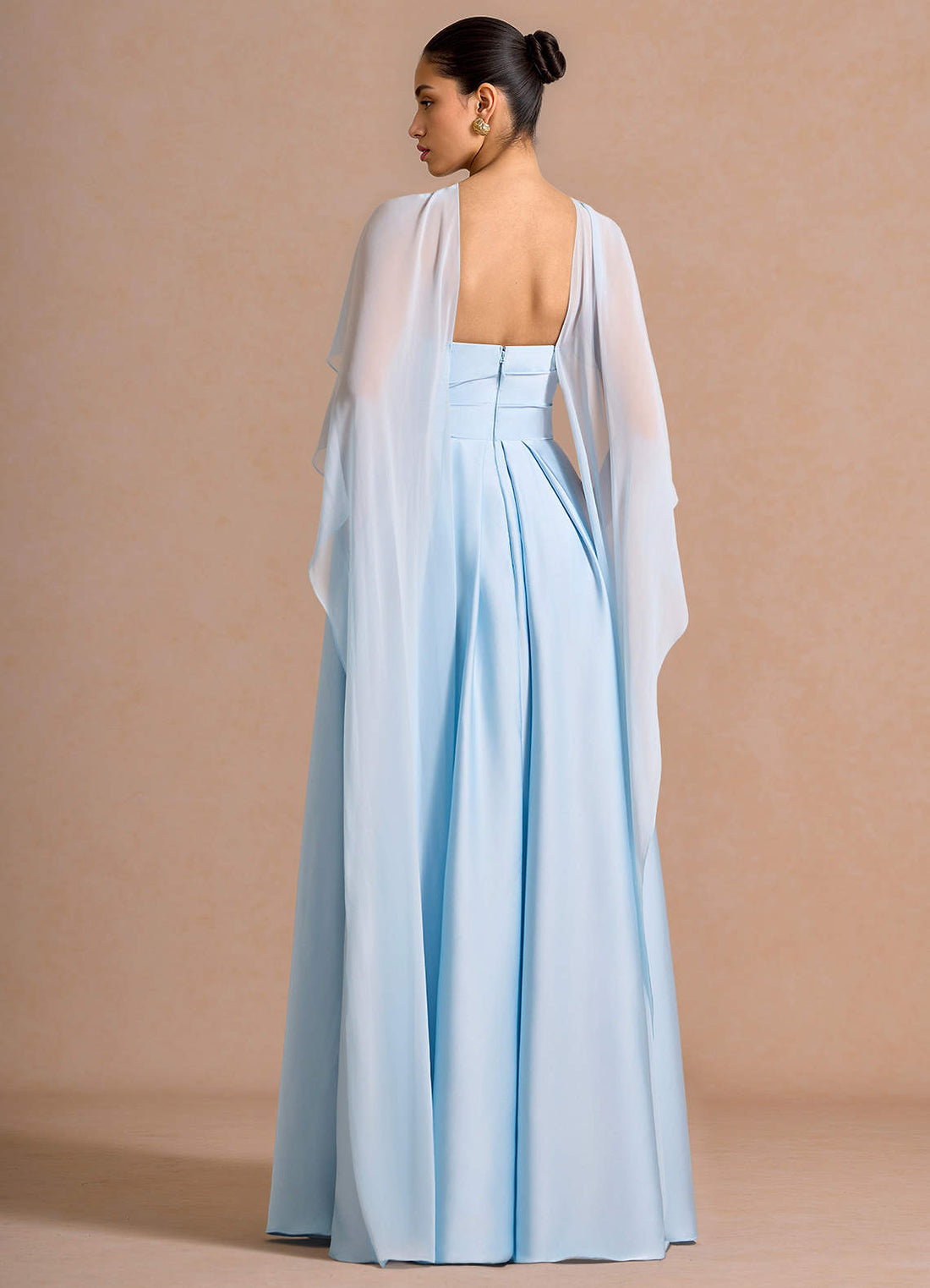 Nancy A-Line V-Neck Stretch Satin and Chiffon Evening Dress in Sky Blue