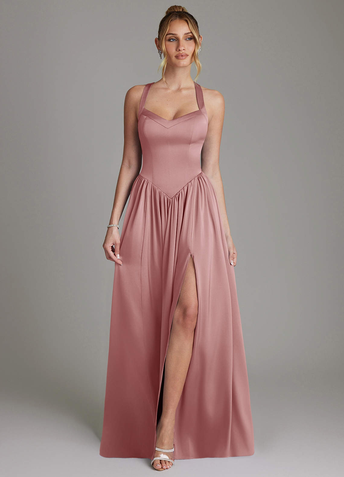 Francis A-Line V-Neck Stretch Satin Bridesmaid Dress in dusty rose