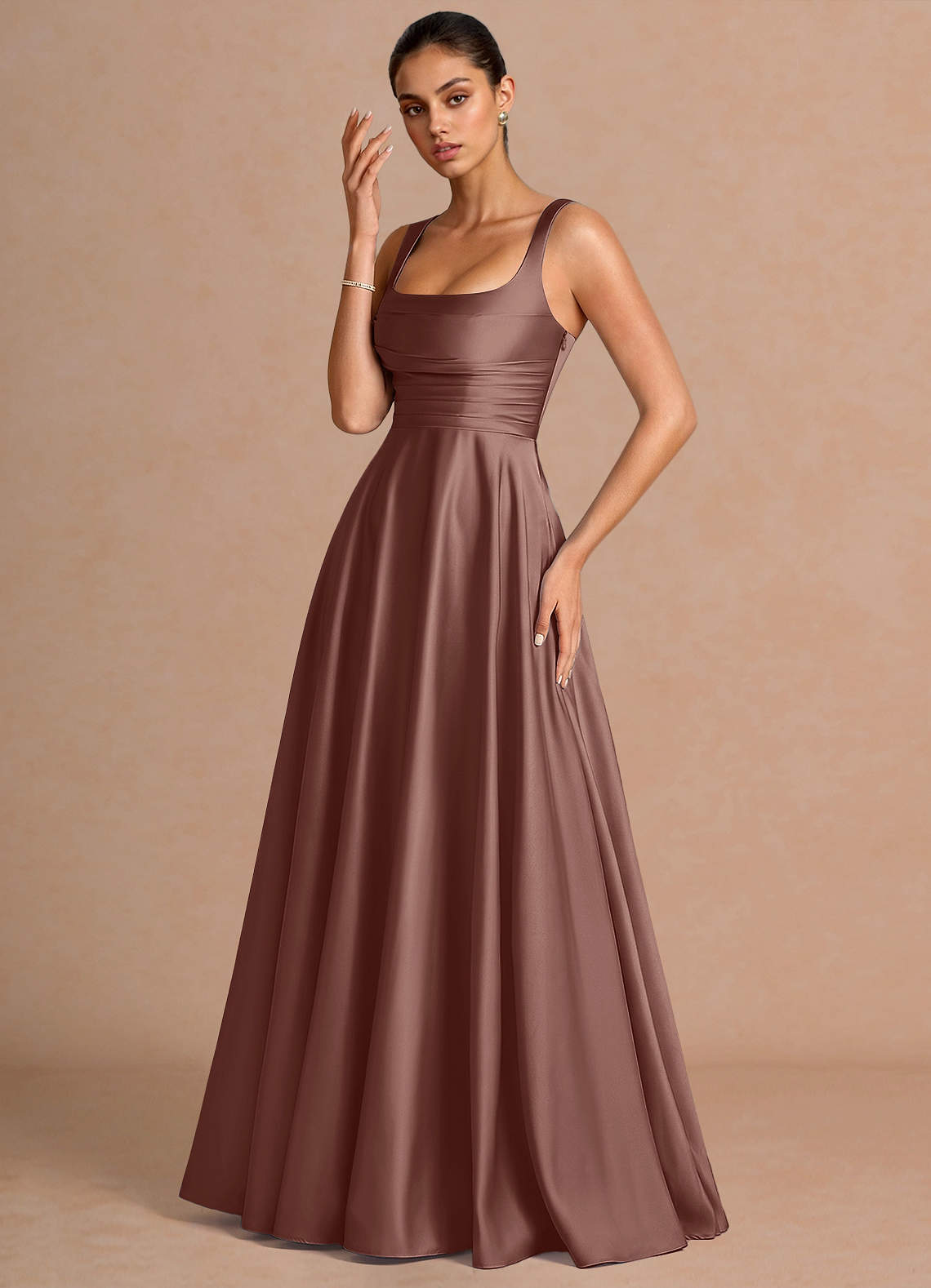 Azaria A-Line Square-Neck Stretch Satin Wedding Guest Dress in Haze blue