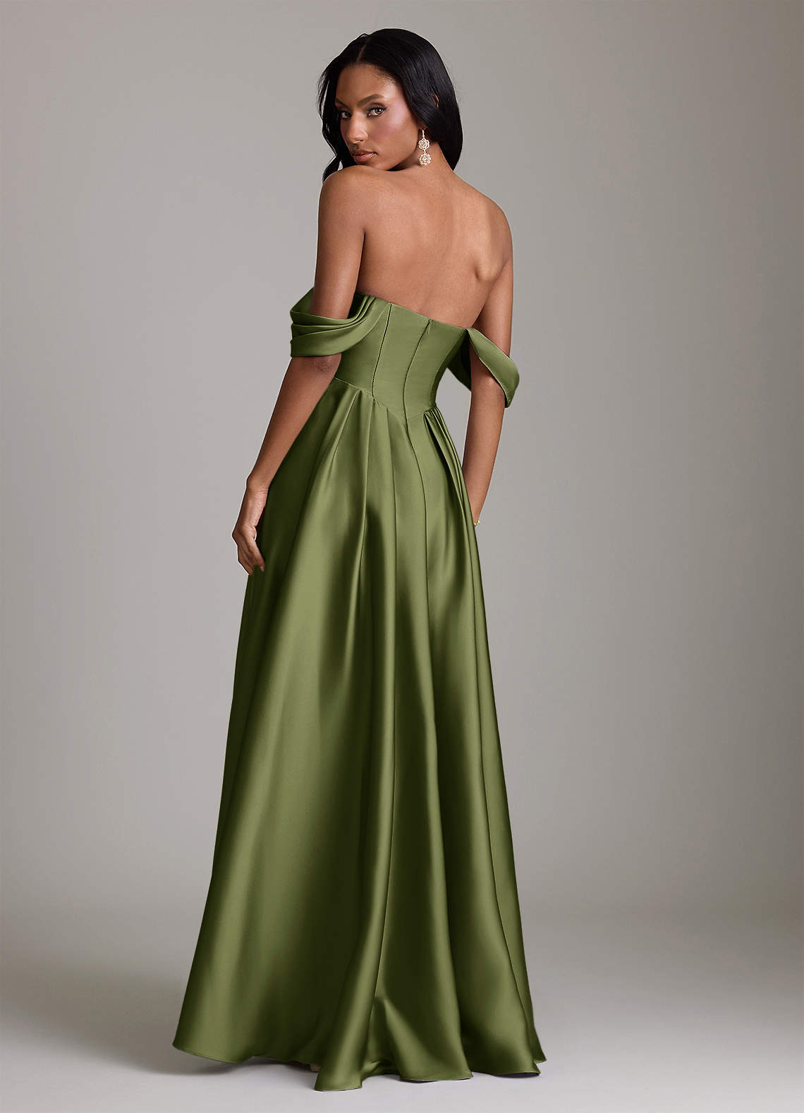 Loisa A-Line Off-the-Shoulder Stretch Satin Bridesmaid Dress in Olive
