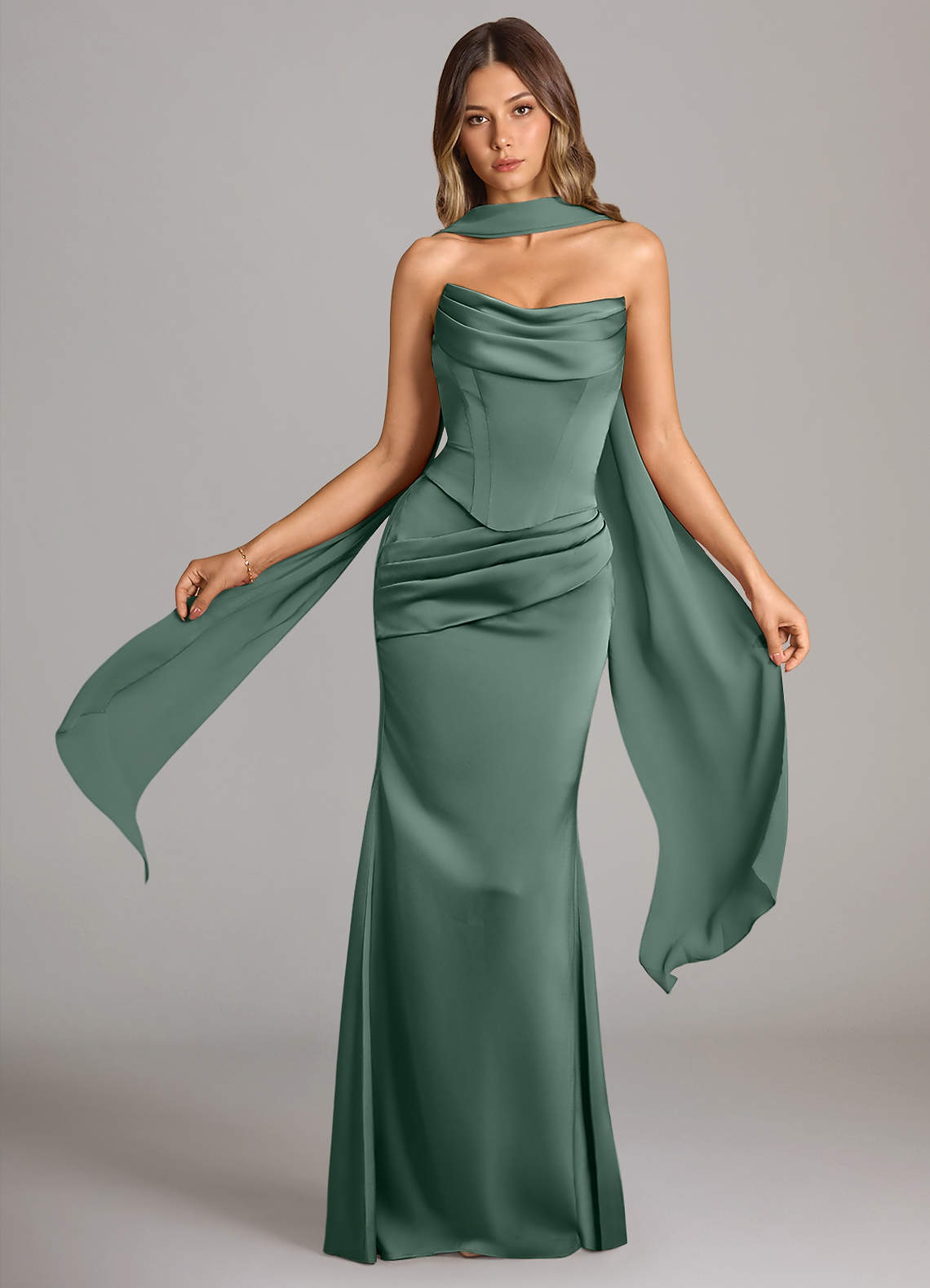 Sorrel Mermaid Cowl-Neck Stretch Satin and Chiffon Bridesmaid Dress in Eucalyptus