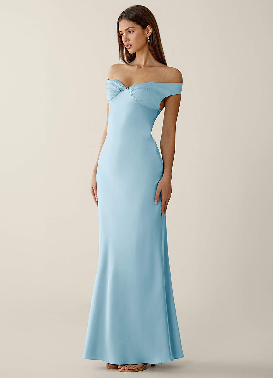 Gwendonme Sheath Off-the-Shoulder Satin Crystal Linen Evening Dress in Sky Blue