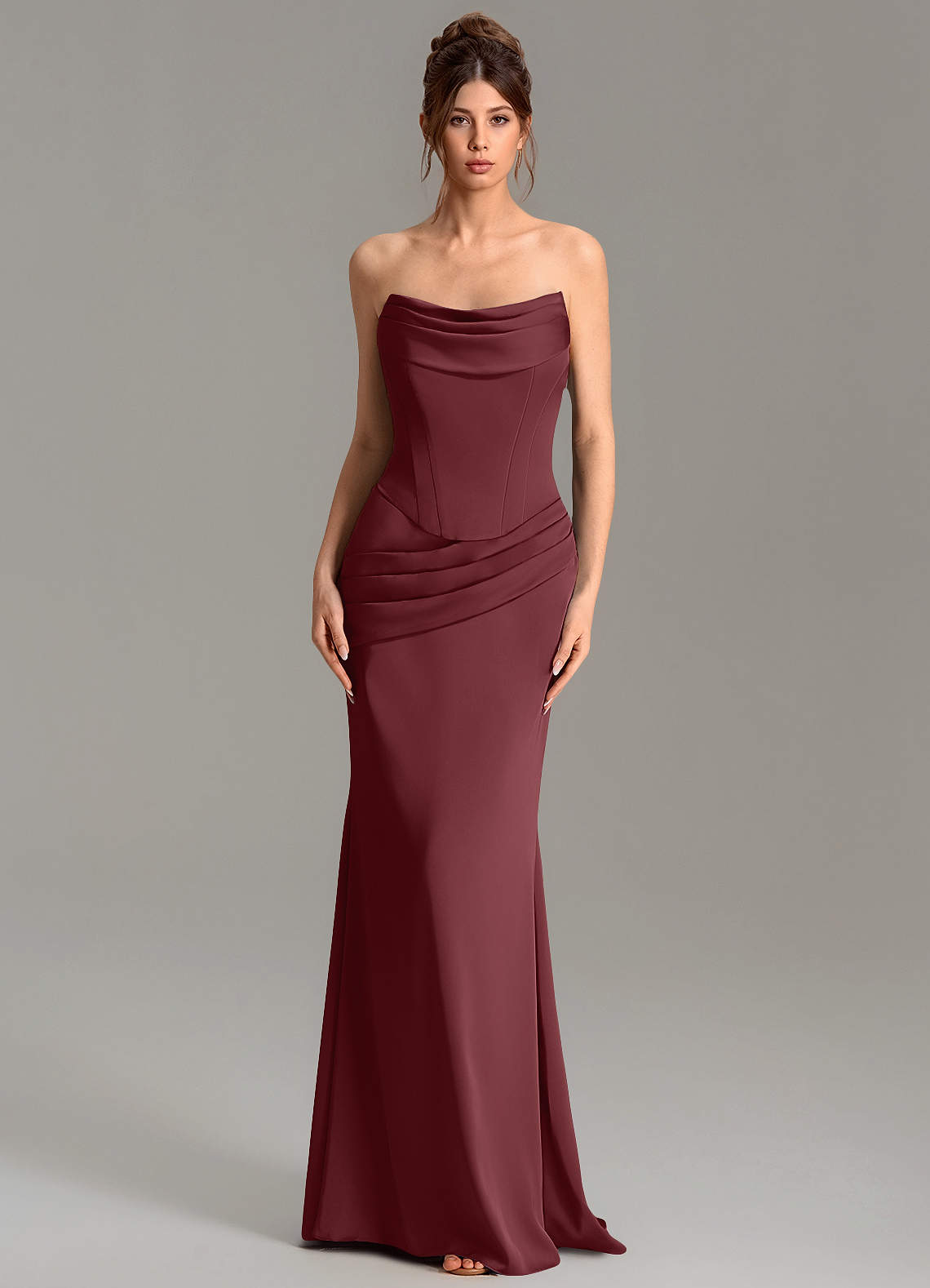 Adrienne Mermaid Cowl-Neck Stretch Satin Bridesmaid Dress in Cabernet