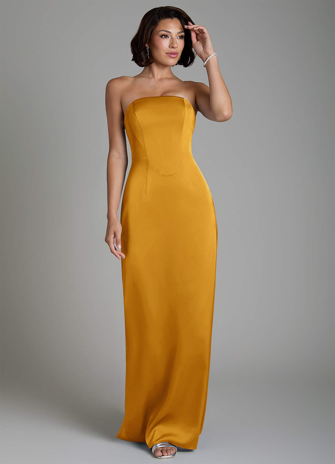 Fallyn Sheath Strapless Stretch Satin Bridesmaid Dress in butterscotch