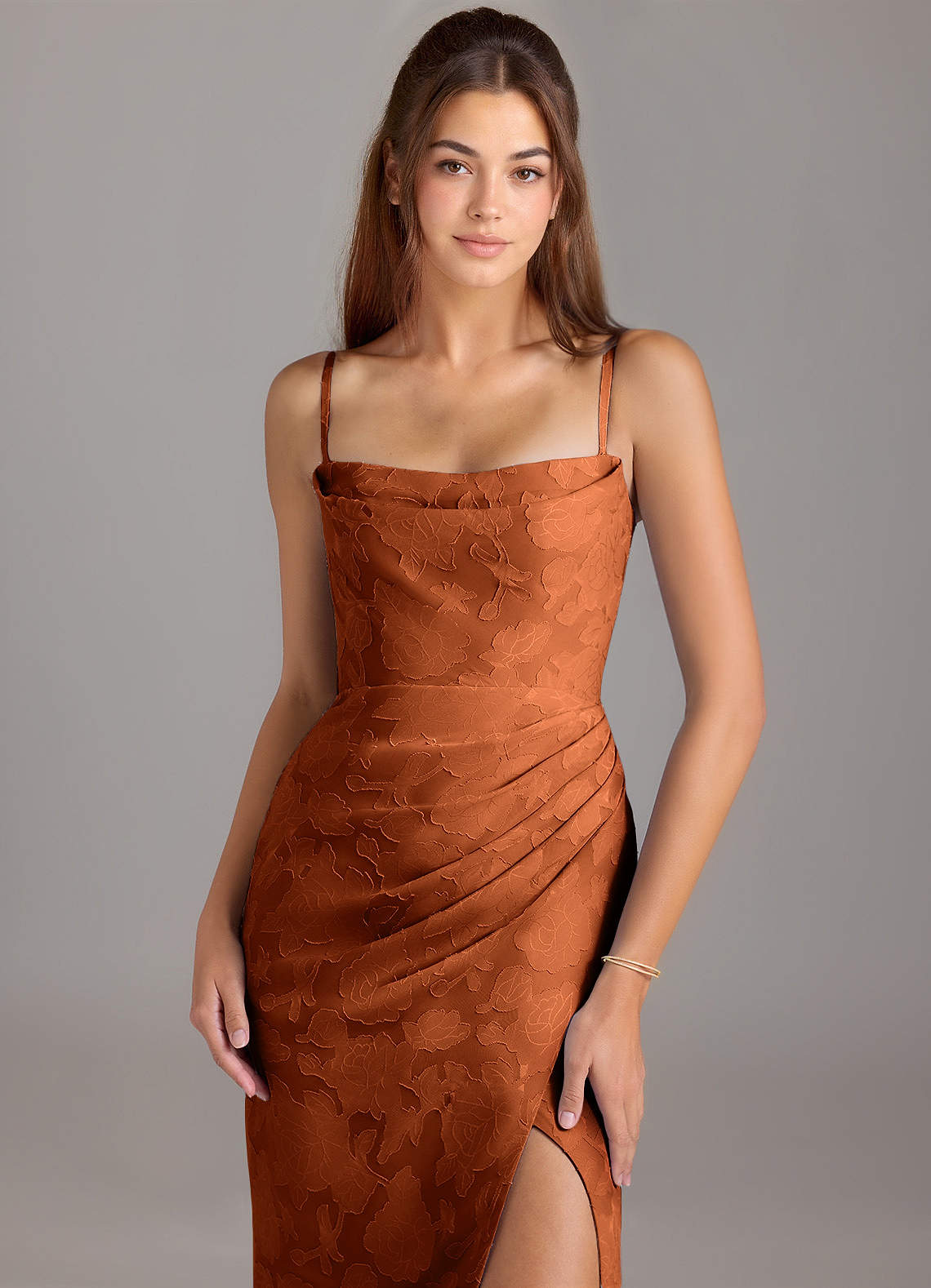 Leonis Sheath Strapless Floral Burnout Bridesmaid Dress in Burnt Orange