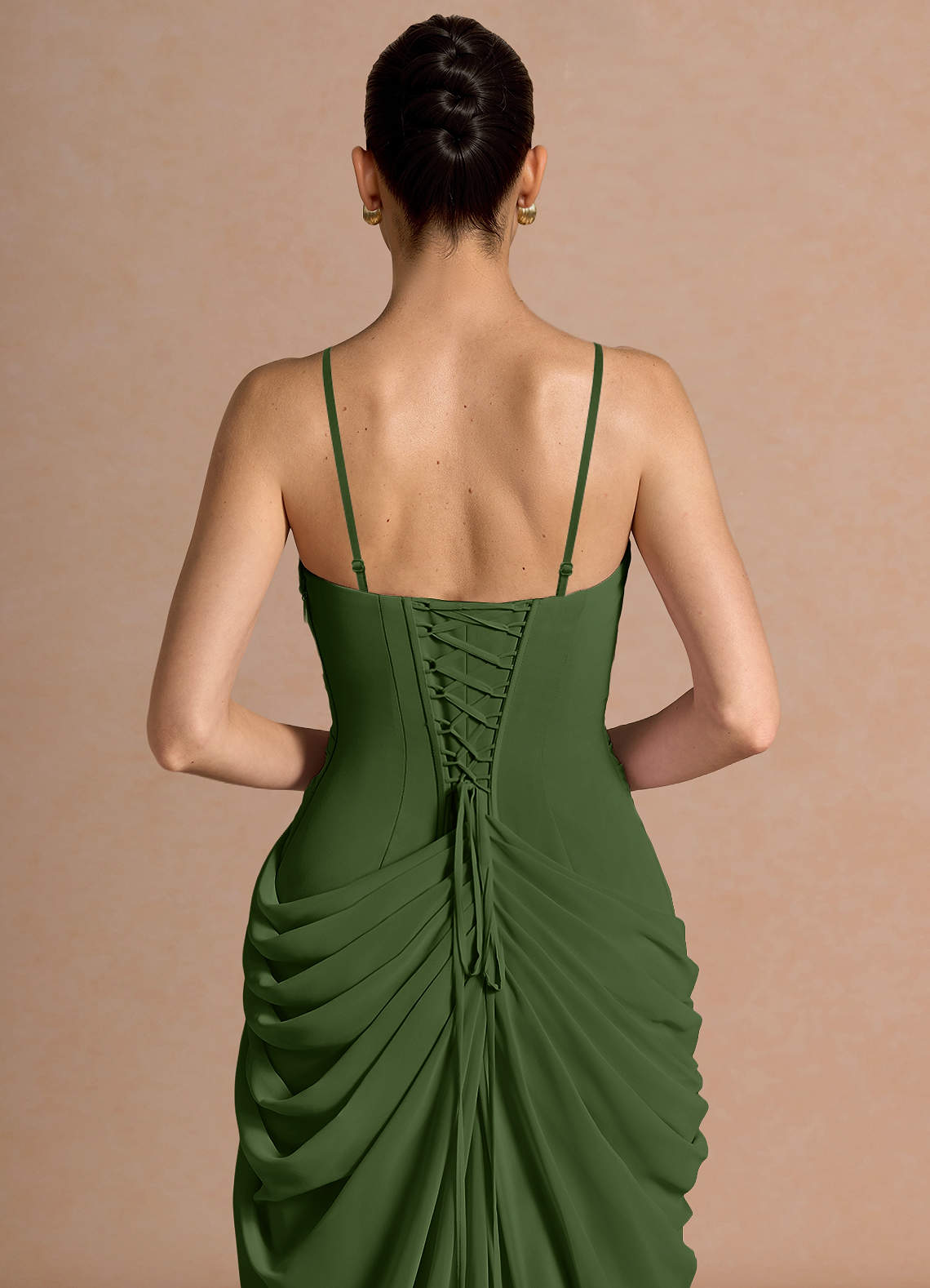 Kaavia Column Pleated Chiffon Maxi Evening Dress in Olive