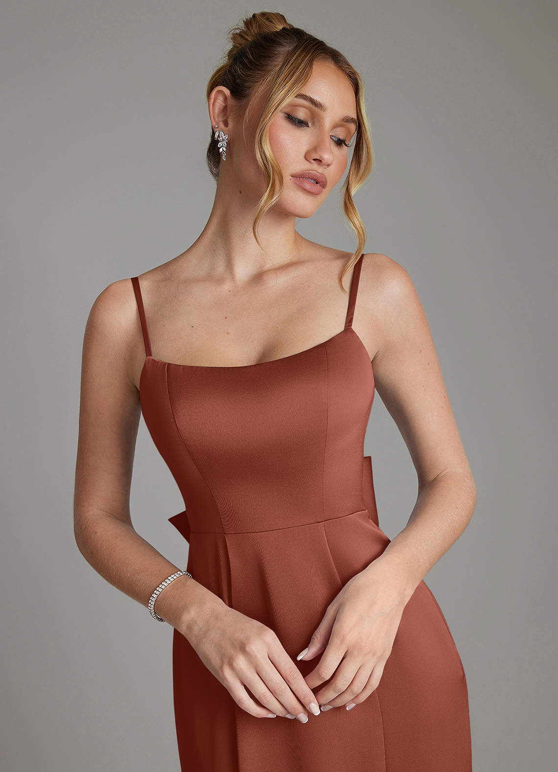 Zherra Mermaid Scoop-Neck Stretch Satin Bridesmaid Dress in Auburn