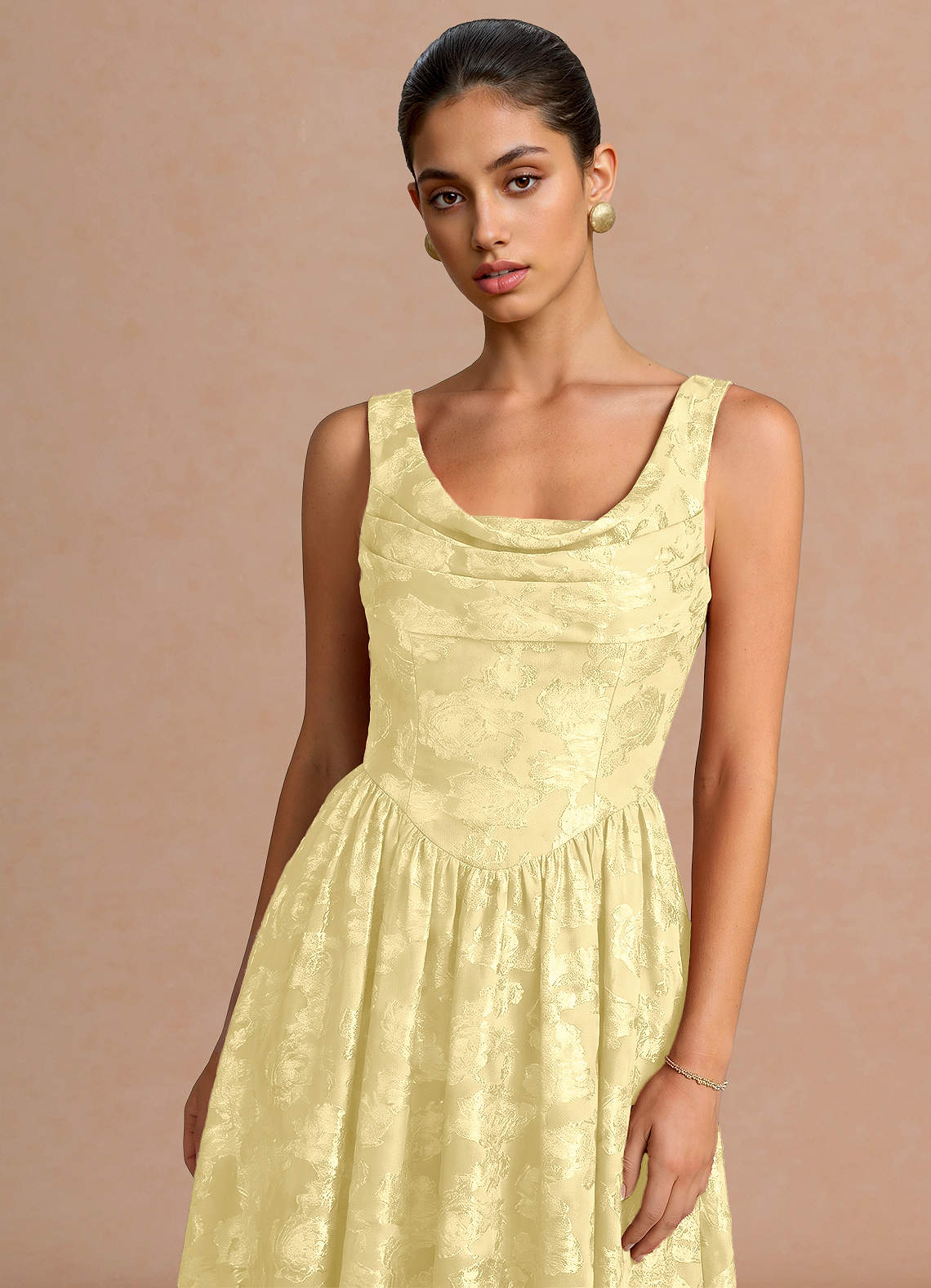 Novi A-Line Draped-Neck Floral Fil Coupé Evening Dress in Lemon Sorbet