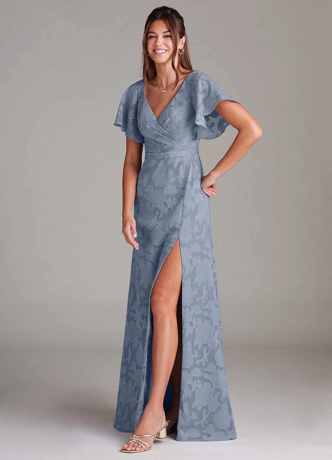 Ambrosia A-Line V-Neck Floral Burnout Bridesmaid Dress in dusty blue