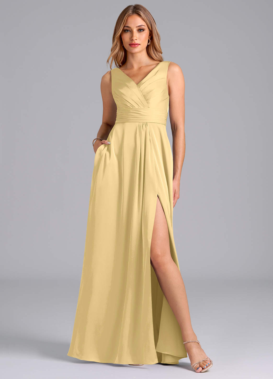 Karina A-Line V-Neck Stretch Satin Bridesmaid Dress in Butter