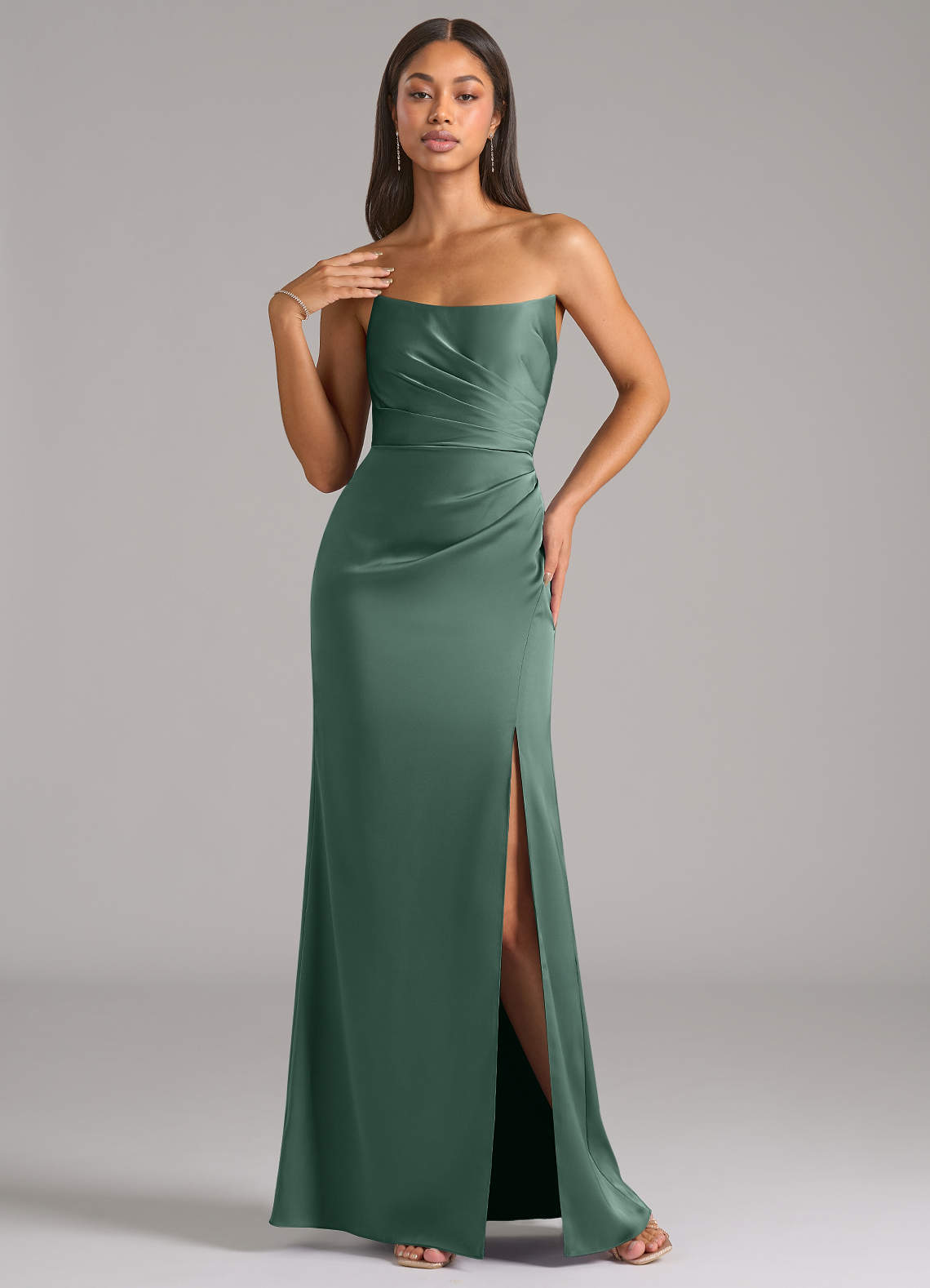 Marla Sheath Strapless Stretch Satin Bridesmaid Dress in Eucalyptus
