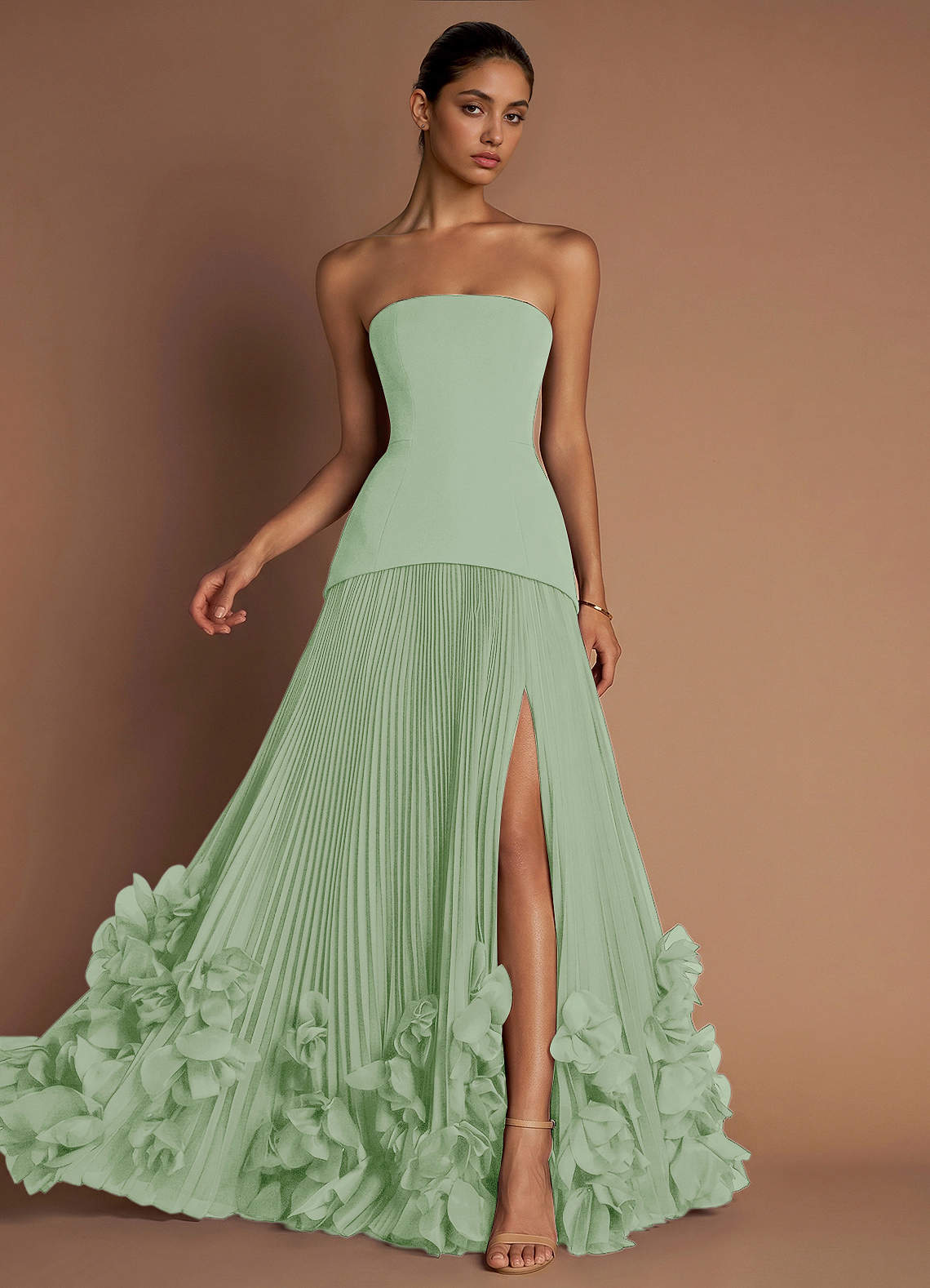 Marnie A-Line Corset Crepe Chiffon Evening Dress in Light Green